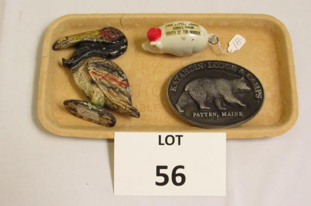 Cast Iron Pelican Doorstop: Cast Iron Pelican Paperweight, Katahdin Lodge and Camps Patten Maine Bear Paperweight, The Little Pig Comes From South of the Border Pig