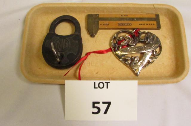Yale Padlock with Key: Yale Padlock with Key, Our First Christmas 1997 Heart Ornament, and Stanley Ruler