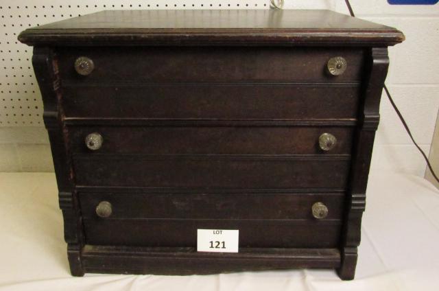 (3) Drawer Mahogany Spool Sewing Cabinet: (3) Drawer Mahogany Spool Sewing Cabinet with Glass Pulls by Willmantic Linen Co, Measures 24-1/2" l x 19" w x 21" h