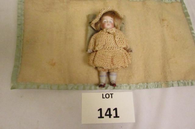 5" Antique German Bisque Attributed to J. D. Kestner: 5" Antique German Bisque Doll Marked 150 Over 3 on Her Back, Attributed to J. D. Kestner, One Piece Head and Torso, Jointed Arms and Legs, Painted Blue Eyes, Original Blonde Mohair Wig, Molded 2 Strap