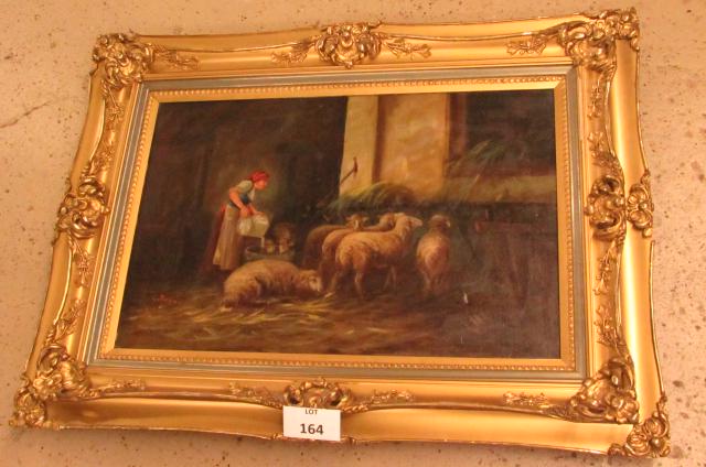 Antique Oil on Canvas Painting of Woman Tending Sheep: Antique Oil on Canvas Painting of Woman Tending Sheep in Ornate Gold Frame Signed C. Rossi. Slight tear lower right. Measures 42" l 32" h