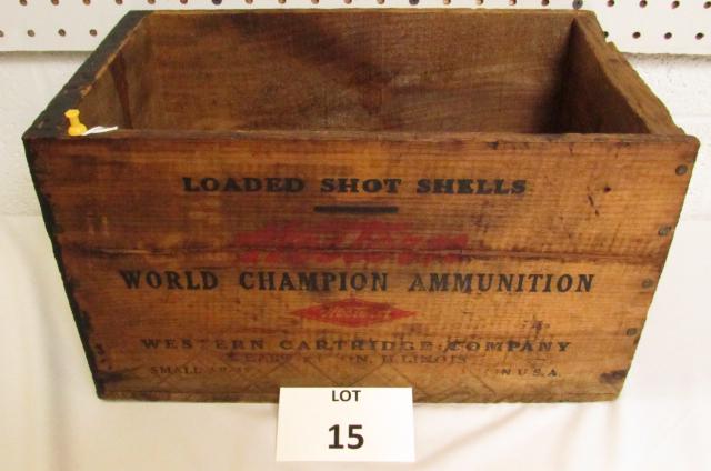 Ammo Box Loaded Shot Riffles Wood Advertising Crate: Ammo Box Loaded Shot Riffles World Championship Ammunition Western Cartridge Company Wood Advertising Crate, Measures 8" h x 14-1/2" l x 8-1/2" w