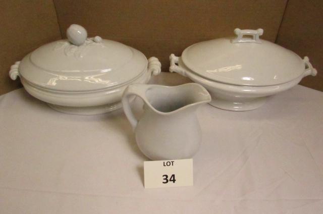 (3) Pieces of White Porcelain Ironstone: (3) Pieces of White Porcelain Ironstone Including: (2) Tureens Including One by Opaque by Bridgwood and Son and Two's Company Pitcher
