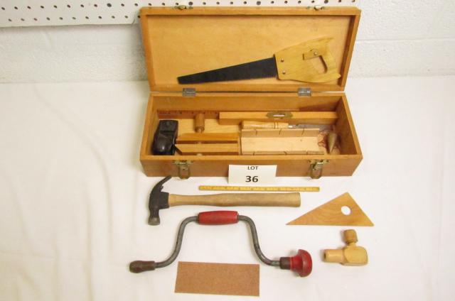 Wood American Tool Chest with Filled with Tools: Wood American Tool Chest with Filled with Tools and Children's Set, Measures 4" h x 16" l x 6-1/2" w