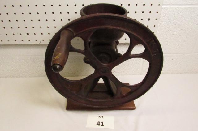 Cast Iron Coffee Grinder No 1/2 on Wood Base: Cast Iron Coffee Grinder No 1/2 on Wood Base, Measures 14" h x 12" l x 4" w