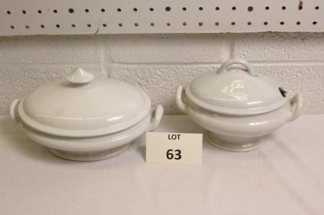 (2) White Ironstone Vegetable Servers with Lids: (2) White Ironstone Vegetable Servers with Lids Including One Marked Rowell Bishop