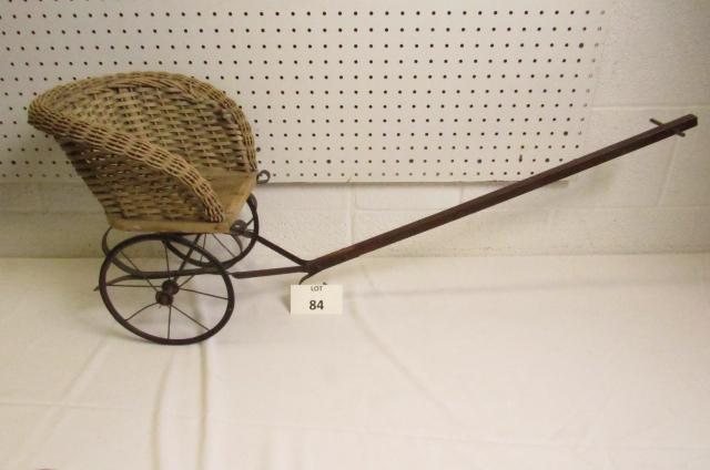 Small Wicker Stroller for Baby or Doll with Metal: Small Wicker Stroller for Baby or Doll with Metal Wheels and Wood Handle, Measures 15" h x 38" l x 12" w
