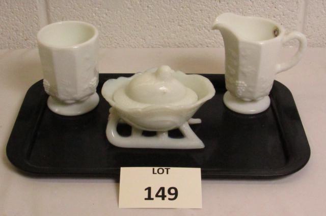 (3) Pieces of Milk Glass Including: Creamer: (3) Pieces of Milk Glass Including: Creamer, Sugar, Chick in Egg Sleigh