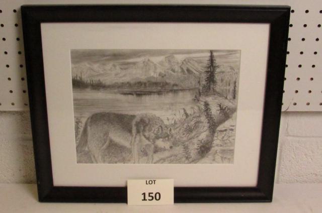 Art Drawing of Sketch of Wolf in Mountains Signed ME: Art Drawing of Sketch of Wolf in Mountains Signed ME, Measures 14-1/2" h x 18" w
