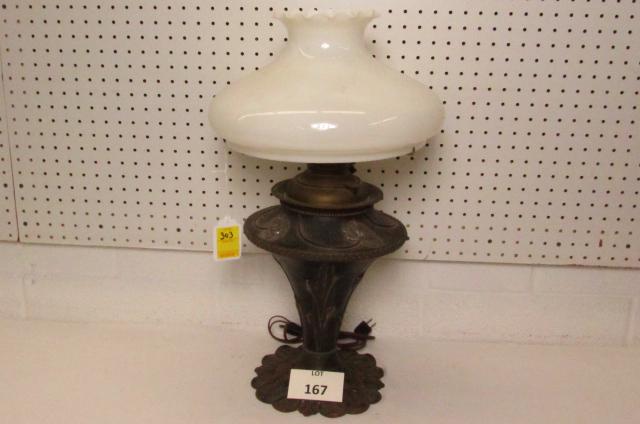 Signed Miller Electrified Oil Table Lamp with Floral: Signed Miller Electrified Oil Table Lamp with Milk glass Shade with Floral Design, Measures 24" h