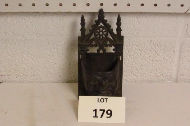 Turn of the Century Cast Iron Match Holder Safe: Turn of the Century Cast Iron Match Holder Safe with Gothic Design and Male Face, Measures 7" h x 3" w