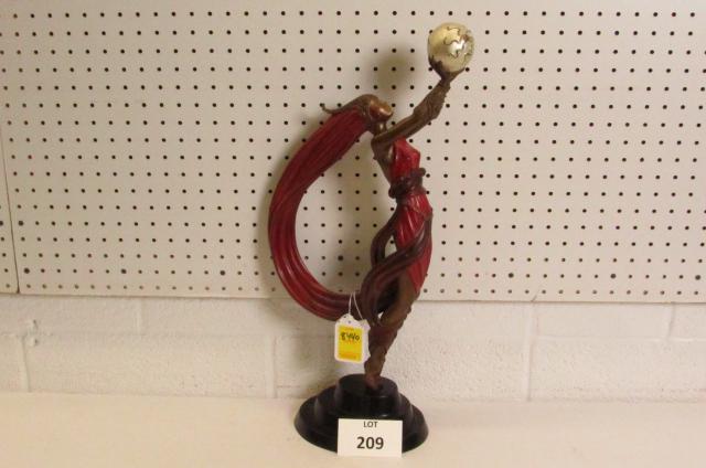 Erte Bronze Figure of Woman Titled "The Globe": Erte (1892-1990) Bronze Figure of Woman with Red Hair Holding a Globe with Tiered Base Titled "The Globe", Measures 23" h