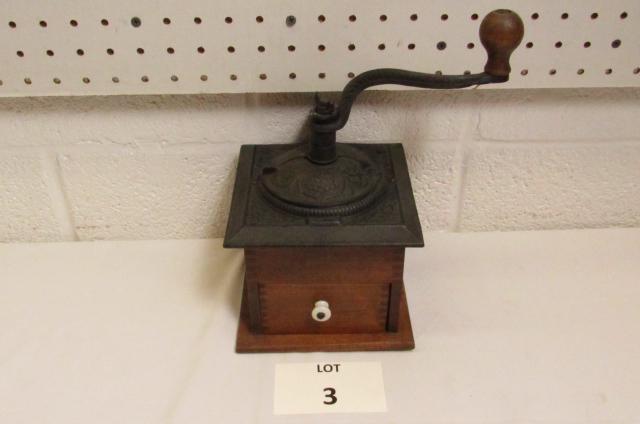 Coffee Grinder: Antique Coffee Grinder, wood and cast iron, Measures 6" l x 6" w x 11" h