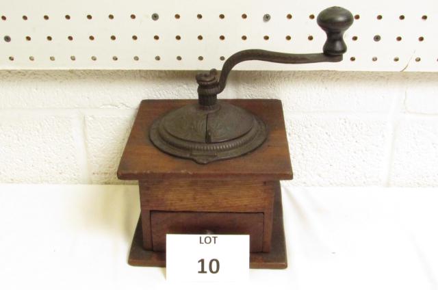 Coffee grinder: Antique Coffee Grinder, wood and cast iron, Measures 7" l x 7" w x 11" h