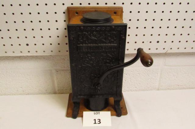 Coffee Mill: Rare Telephone Coffee Mill. Cast iron, oak case, tin cup, Measures 13" l x 8" x 8-1/2" h