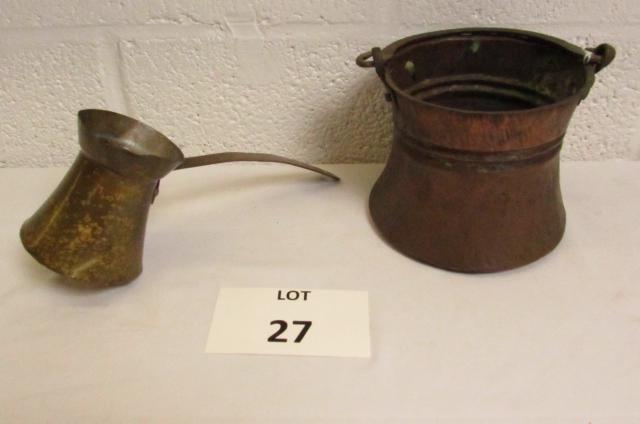 Copper pot and Pourer: Dovetailed copper pot with bale handle and brass pourer, Measures 4" h x 5" dia