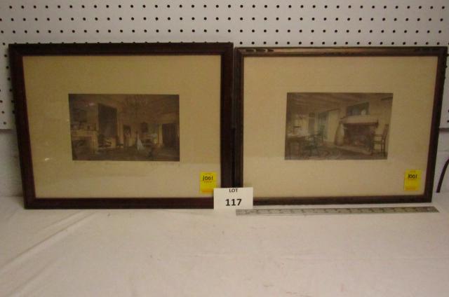 Two Wallace Nutting artworks: Signed Wallace Nuttings. A Call at the Manor and An Elaborate Dinner interior scenes.
