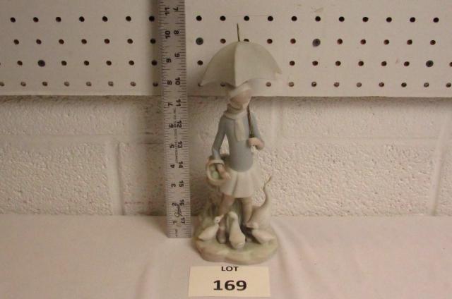 Lladro figurine: A Lladro figurine of a young woman taking shelter under an umbrella with a family of ducks.