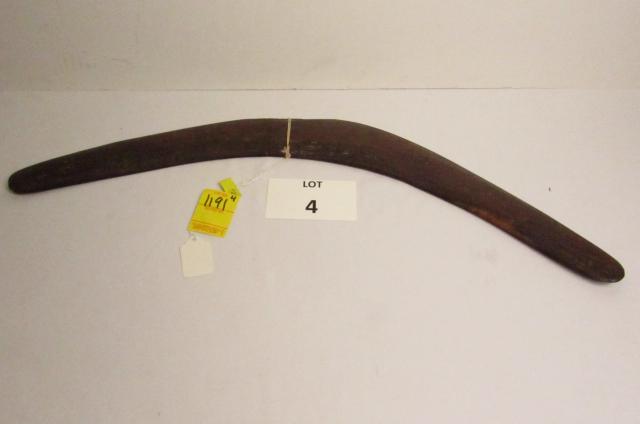 Boomerang: Oceanic, Aboriginal hardwood boomerang with shallow curve and incised striations on each side. 13" L. 19th c
