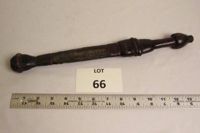 Antique Sword: Antique double edged African sword with sewn leather scabbard. Forged of iron. 14 3/4" L. 9" long blade.