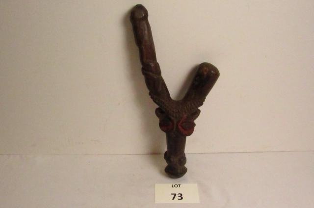 Wood Carvings: Handheld wood carving with bird's heads. Wishbone shaped ritual club. 14 1/2" L.