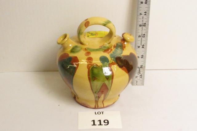 Water Wine Jug: Green and Brown Decorated Yellow Ware Water Wine Jug