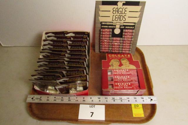Point of sale lot: 3 piece lot. Colgate nylon toothbrushes for children display, Eagle Leads mechanical pencil leads display, Duncan yo-yo wax display.