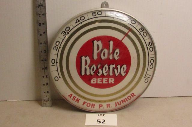 Pale Reserve Beer thermometer: Round Pale Reserve Beer thermometer. The Old Reading Brewery. 12" across.