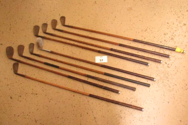 Wood shaft golf clubs: Lot of 9. Wood shaft golf clubs, all drivers. 1940's. Assorted makers.