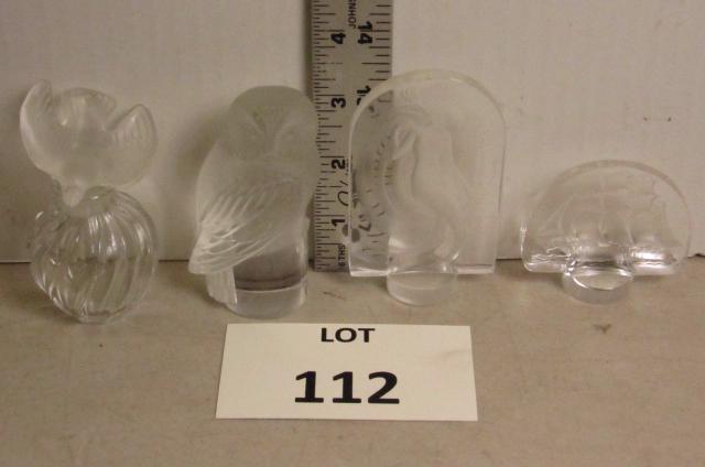 Lalique lot: Lot of 4 Lalique crystal pieces. An owl, a perfume with dove stopper, an Art Nouveau lady and a Clipper ship. Tallest is 3 1/2".