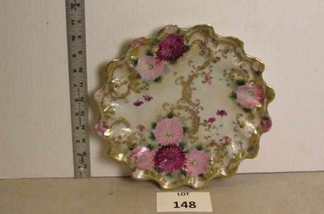 Nippon platter: Fine turn of the century Nippon platter with gold beading throughout, flower decoration, scalloped edges. Exceptional piece of porcelain! 11 1/2" across.