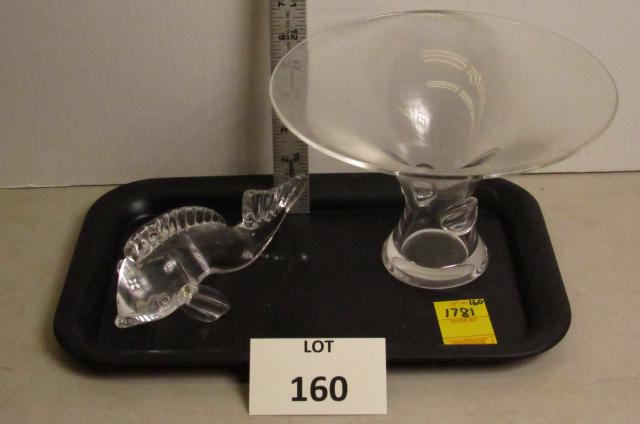 Steuben glass: Lot of 2 pieces. Compote, 9 1/4" across and 6" tall. Fish 8" long.