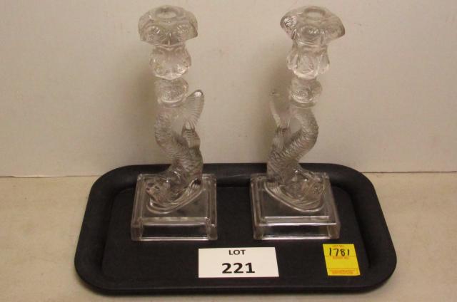 Victorian dolphin candlesticks: Metropolitan Museum of Art (MMA) Imperial Glass Victorian glass dolphin candlesticks.10 3/4" tall.