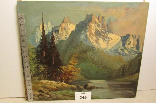 F Schmidt oil painting: Oil on canvas of the Alps signed F Schmidt. 20" x 24" unframed.