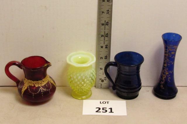 Colored glass lot: Lot of 4 pieces. Yellow hobnail vase, Venetian blue vase, ruby pitcher, cobalt blue mug.
