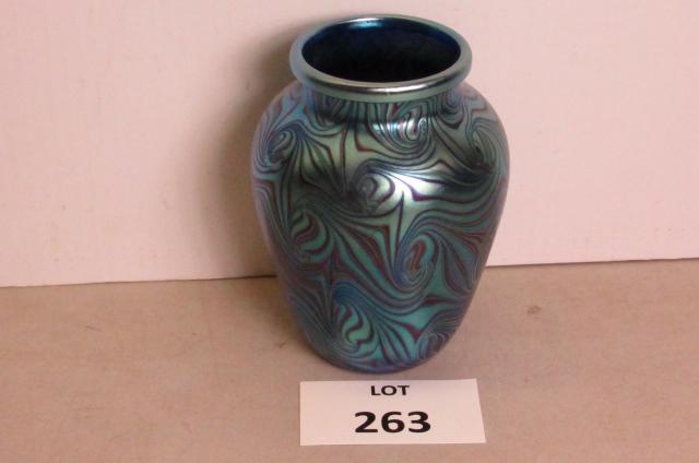 Orient & Flume art glass: Orient & Flume, Chico, California art glass vase. Blue and green swirl decoration. 6 3/4" tall.