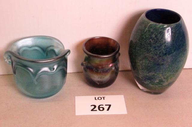 Art glass lot: Lot of 3 pieces. A Church and maple 6" glass vase made by Bud Shriner and Rich Arentzen in Vermont, a dramatic 3 1/2" blue glass spill vase and a 3 1/4" hand blown and knobbed jar.