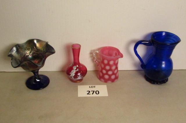 Art glass vase: Lot of 4 pieces. 6" Cobalt blue pitcher, 5 " Mary Gregory vase, 5" Carnival glass compote and 3 7/8" pink coin spot pitcher.,
