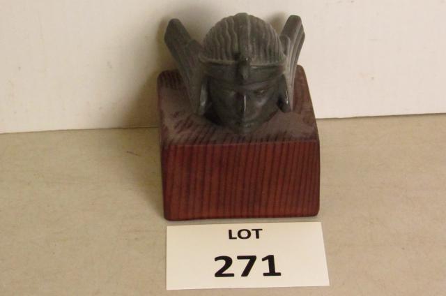 Antique Car hood ornament: Lady Viking in winged helmet antique hood ornament as found. Inserted into wood base. 3 1/2" long x 3" tall.