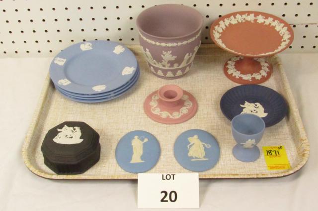 Wedgwood lot: Jasperware Wedgwood lot of 12. Four light blue plates, two small plaques, black covered trinket box, egg cup and others.