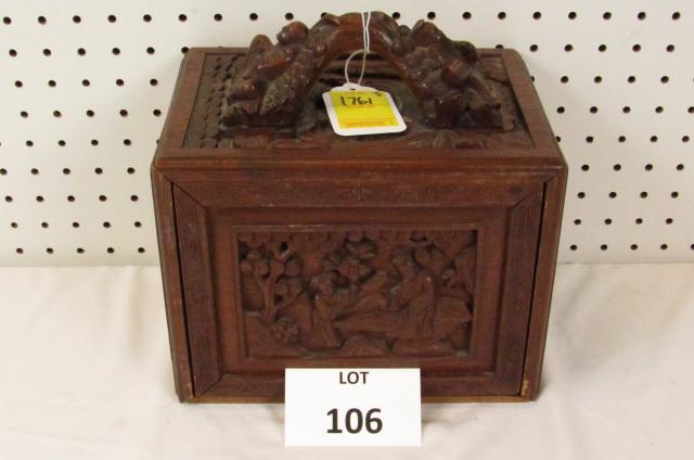 Mahjong set: Antique Chinese mahjong set in carved wood case with wise men and lovely ladies. A complete set. 9 3/4" tall, 9 1/2" long and 7" deep.