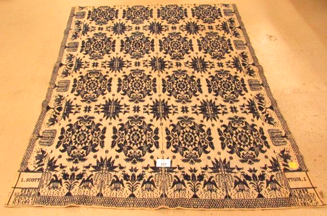 Antique coverlet: Antique coverlet. L. Scott, Pekin Niagara County 1844. Off white with blue embroidery. Some thread losses and light staining. 89" x 72".