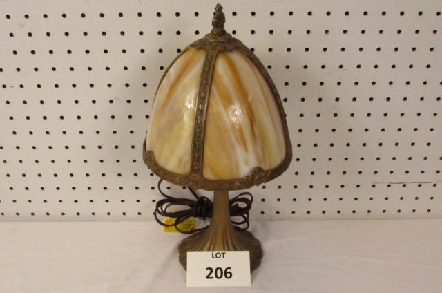 Slag glass lamp: Small slag glass table lamp. Neutral toned glass. Gold toned base. 15" tall, 8" round shade.