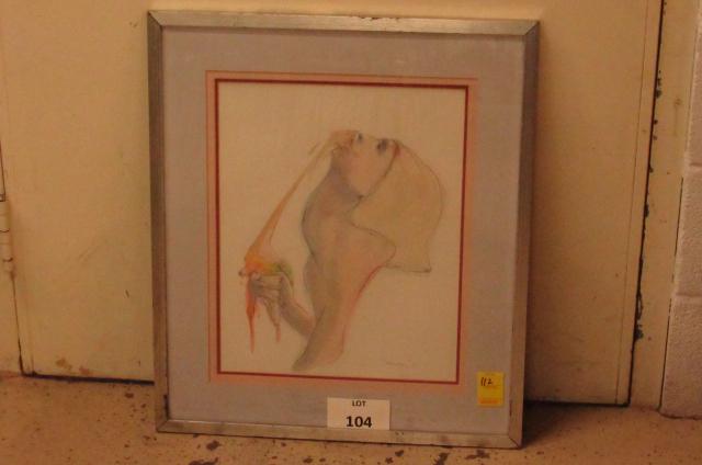 Bruce Samuelson watercolor: Watercolor by listed artist Bruce Samuelson, Philadelphia. A woman licking an ice cream cone. Unusual, exaggerated image. Signed and dated 1972 lower right. 21" x 24" framed.