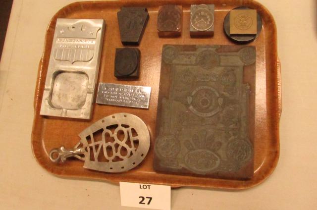 Print blocks, 1894 horseshoe trivet, Cincinnati: Print blocks, 1894 horseshoe trivet, Cincinnati Milacron aluminum ashtray, US seal in brass, Kniser Steel promotional slab