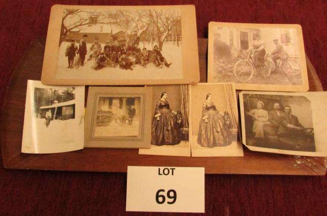 Lot of 7 interesting early black and white photos,: Lot of 7 interesting early black and white photos, bicycles, boys with snowshoes, etc.