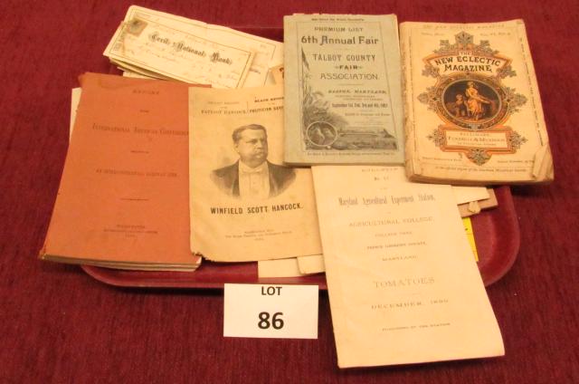 Tray lot of early ephemera related to Maryland: Tray lot of early ephemera related to Maryland including: a "6th Annual Talbot County Fair" booklet from 1891; several "Bulletins from Maryland Agricultural Experiment Station"; "The New Eclectic Maga