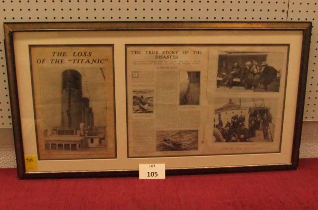 Framed and double matted "Titanic" ephemera. Measures: Framed and double matted "Titanic" ephemera. Measures 39" x 21"