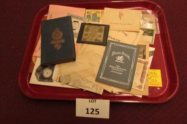 Over 20 pieces of watch/clock related ephemera: Over 20 pieces of watch/clock ephemera including: a glass magic lantern slide for watch repair firm; early pieces include names Elgin, Hamilton, Wittnauer, Patek Philippe Waltham. Also includes an ear