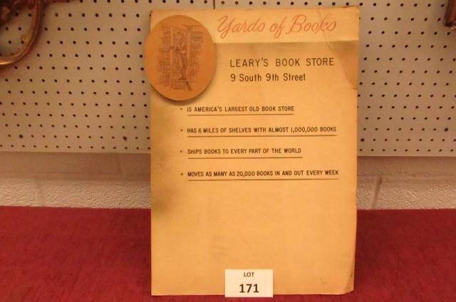 Cardboard sign from Leary's Bookstore: Cardboard sign from Leary's Bookstore 9 S 9th St, Philadelphia, PA. Measures 21" x 15". Sign reads: "Yards of Books, America's Largest Old Bookstore, Has 6 miles of Shelves with Almost 1,000,000 books